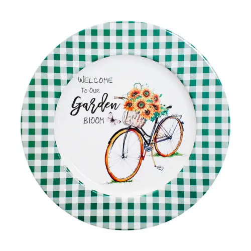 Plato de metal diseño cuadros verde con blanco con flores en bicicleta de 33×1.5cm