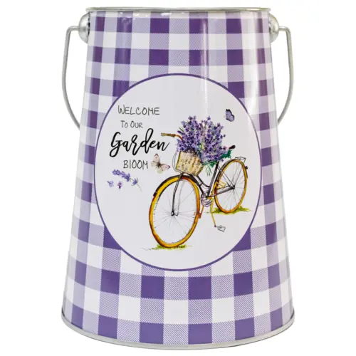 Bote de metal con agarradera diseño cuadros de color morado con blanco y flores con bicicleta de 13x