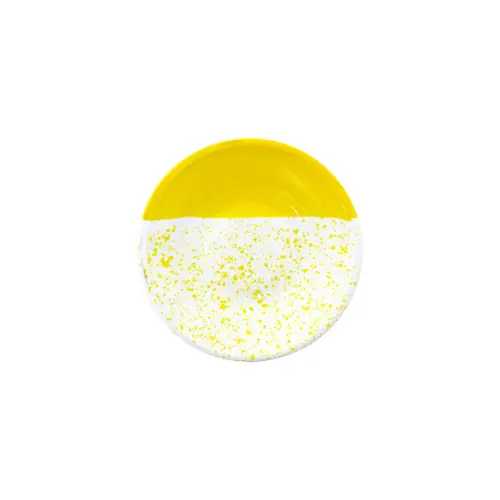 Plato de peltre amarillo con blanco y puntos de 16x16x2.5cm