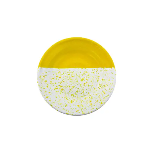 Plato sopero de peltre amarillo con blanco y puntos de 20x20x3cm