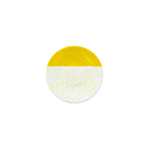 Plato de peltre amarillo con blanco y puntos de 16x16x3cm