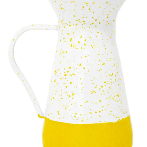 Jarra de peltre amarillo con blanco y puntos de 12x12x20cm