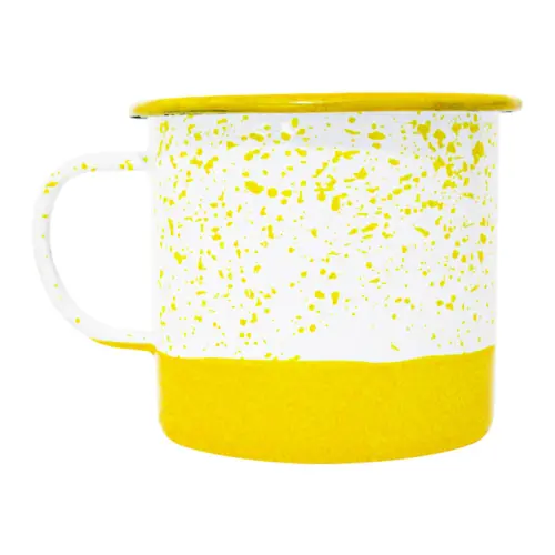 Taza de peltre amarillo con blanco y puntos de 11x11x10cm