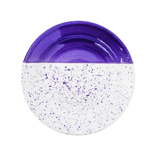 Plato sopero de peltre morado con blanco y puntos de 24x24x3cm