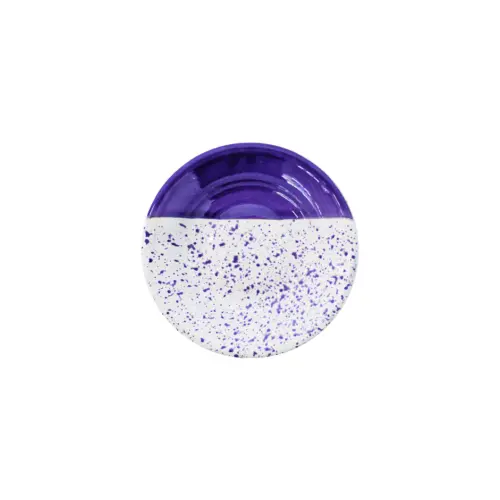 Plato de peltre morado con blanco y puntos de 16x16x3cm