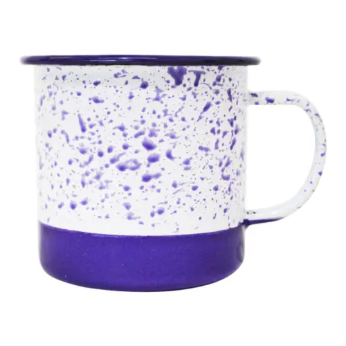 Taza de peltre morado con blanco y puntos de 10x10x9.5cm