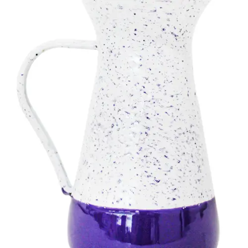 Jarra de peltre morado con blanco y puntos de 12x12x20cm