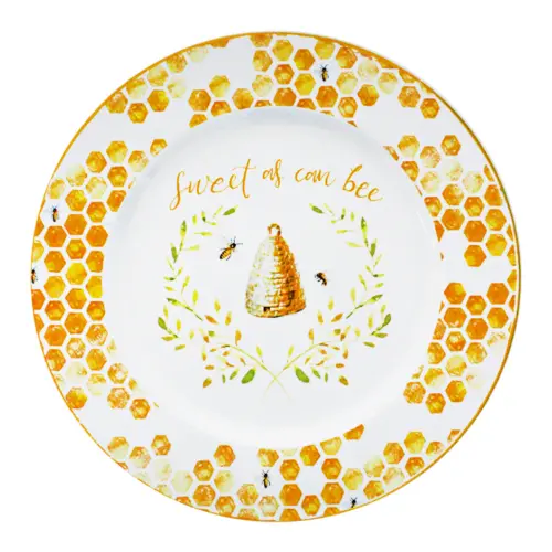 Plato de peltre blanco con amarillo diseño panal con abejas de 34x34x1.5cm