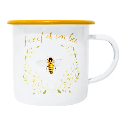Taza de peltre blanco con amarillo diseño abejas de 9x9x8cm