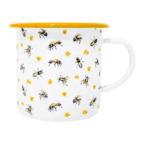 Taza de peltre blanco con amarillo diseño abejas de 9x9x8cm