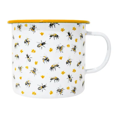 Taza de peltre blanco con amarillo diseño abejas de 11x11x10cm