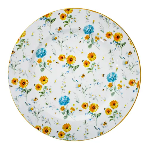 Plato de peltre de blanco con flores amarillas de 34x34x1.5cm