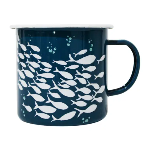 Taza de peltre azul con peces de 10x10x9.5cm