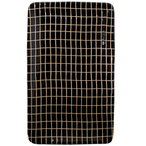 Plato de porcelana rectangular negro con líneas amarillas de 21×12.7x2cm