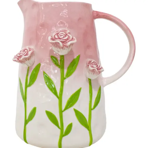 Jarra de porcelana blanca con diseño flores rosas de 18.5×16.5x22cm