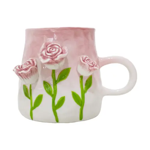 Taza de porcelana con diseño flores rosas de 14×11.5×9.8cm