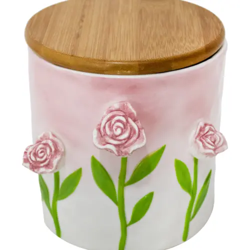 Galletero de porcelana con tapa de madera diseño flores rosas de 16.5x14x14cm