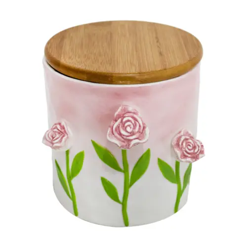 Galletero de porcelana con tapa de madera diseño flores rosas de 14.5x12x11.5cm