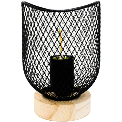 Linterna de metal negra con base de madera y luz led (usa baterias AAA) de 11.6×11.6×16.5cm