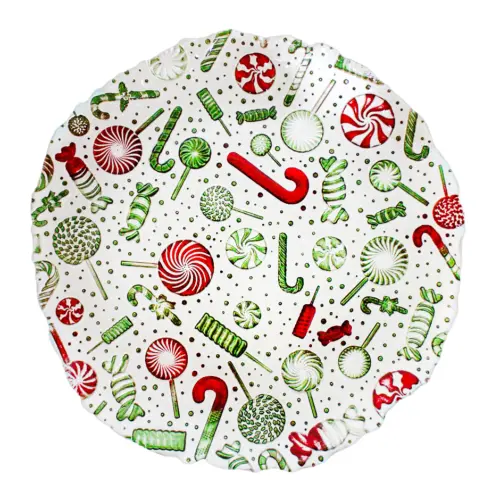 Plato de vidrio blanco diseño caramelos rojos con verdes de 32cm