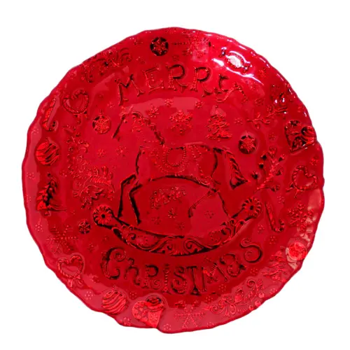 Plato de vidrio rojo con caballito y texto Merry Christmas de 32xm
