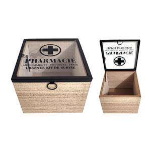 Botiquín de madera con tapa de cristal y textos de Farmacia de 15x15x11.5cm