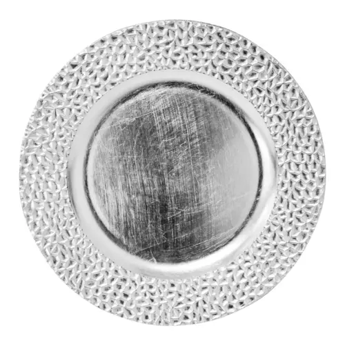 Plato de presentación de plástico plateado con diseño grumos en la orilla de 33x33x2cm