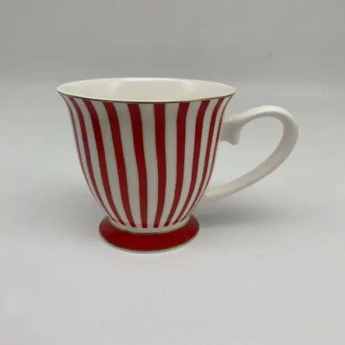 Taza de cerámica diseño rayas rojas con blanco y filo dorado de 350ml