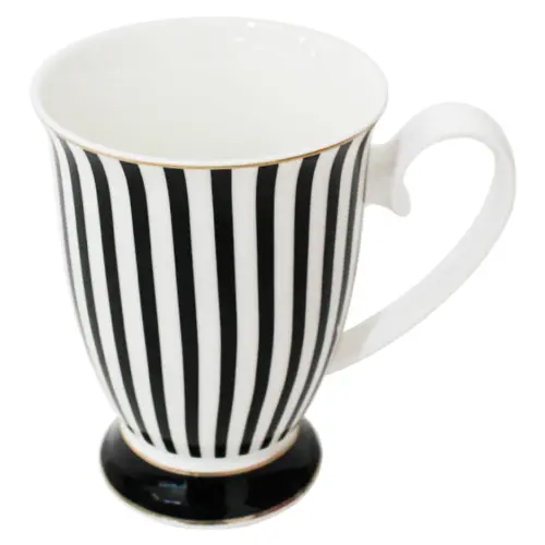 Taza de cerámica diseño rayas negras con blanco y filo dorado de 350ml