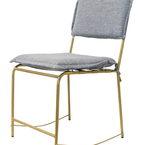 Silla de metal dorada con asiento y respaldo de cojin gris osbcuro de 44x60x89cm