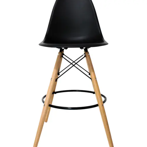 Banco de bar negro de plastico con patas imitacion madera de 67x46x109cm