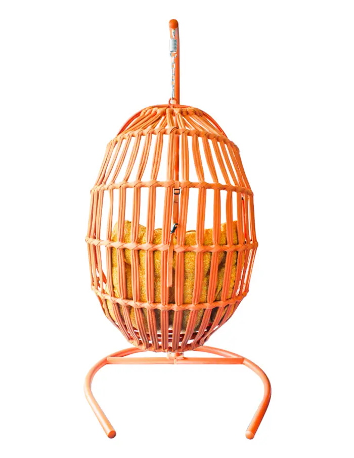 Sillón colgante tejido de rattan con cojin naranja con marco de aluminio y base de acero de 83x75x12 - Image 4