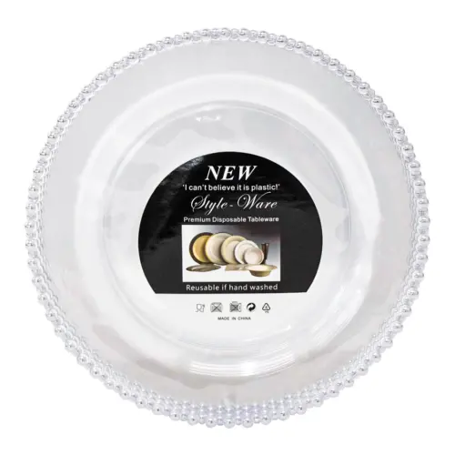 Paquete de 6 platos de plastico transparente con bolitas plateadas en la orilla de 17cm