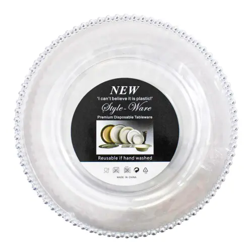 Paquete de 3 platos de plastico transparente con bolitas plateadas en la orilla de 25cm