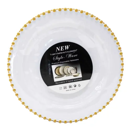 Paquete de 6 platos de plastico blanco con bolitas doradas en la orilla de 17cm