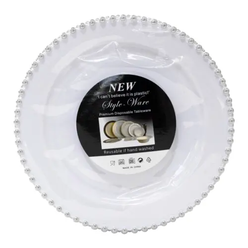 Paquete de 6 platos de plastico blanco con bolitas plateadas en la orilla de 17cm