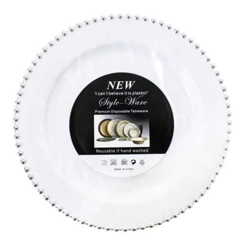 Paquete de 3 platos de plastico blanco con bolitas plateadas en la orilla de 25cm