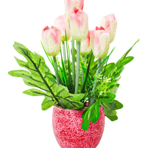 Maceta roja con de tulipanes rosa de 8x4x25cm