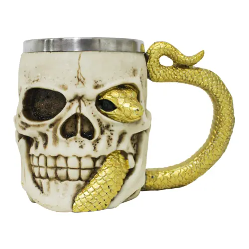Taza de resina diseño cráneo con víbora dorada de 400ml de 11x16x11cm