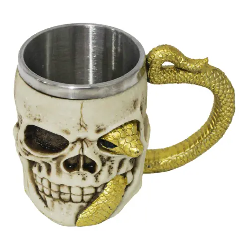 Taza de resina diseño cráneo con víbora dorada de 400ml de 11x16x11cm