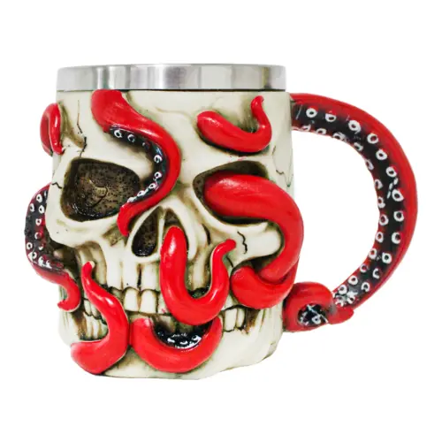 Taza de resina diseño de cráneo con tentáculos rojos de 400ml de 10.5x15x10.5cm