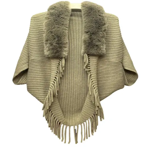 Capa tejida de invierno con cuello de peluche caqui de 45x95x0.1cm