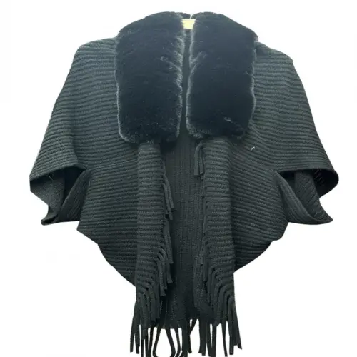 Capa tejida de invierno con cuello de peluche negro de 45x95x0.1cm