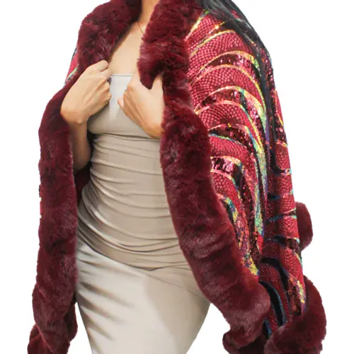 Capa de invierno vino con orilla de peluche y lentejuelas de 96x74x0.1cm