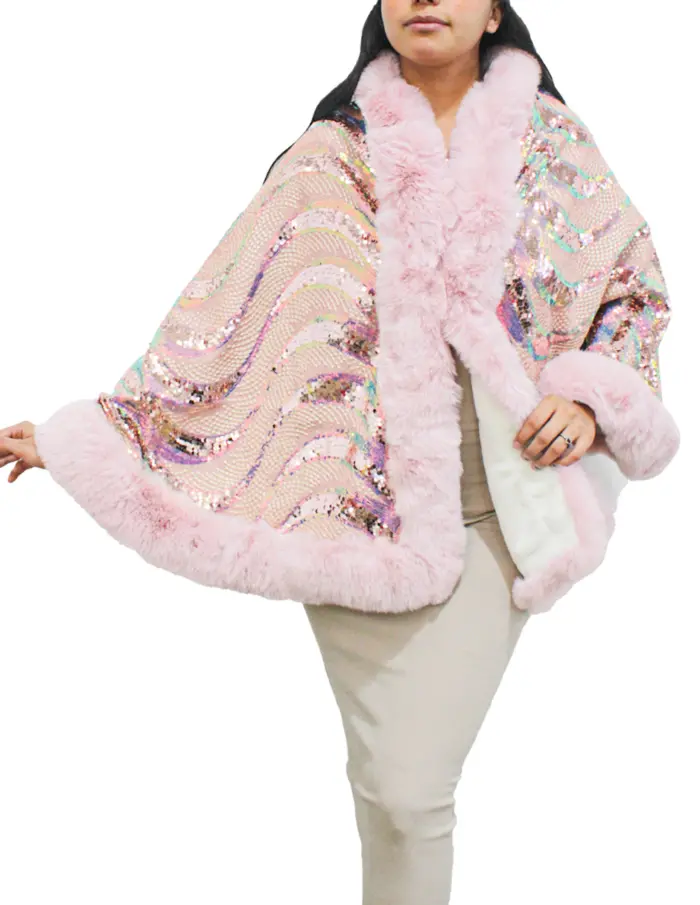 Capa de invierno rosa con orilla de peluche y lentejuelas de 96x74x0.1cm - Image 2