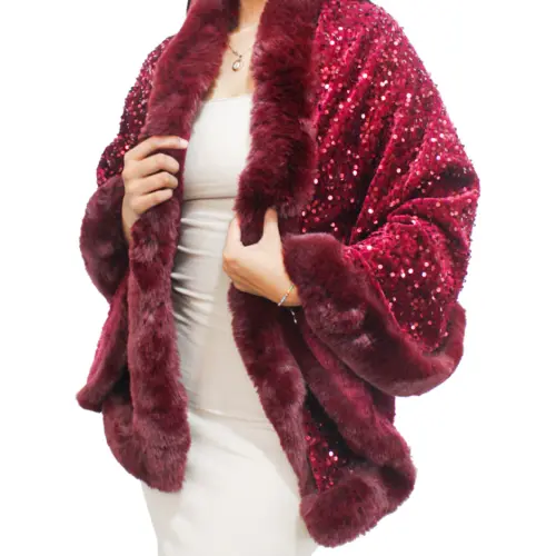 Capa de invierno vino con orilla de peluche y lentejuelas de 96x80x0.1cm