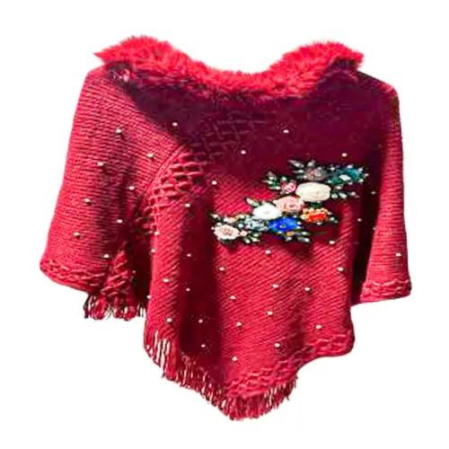 Capa de invierno roja oscura con flor bordada de 90x85x0.1cm