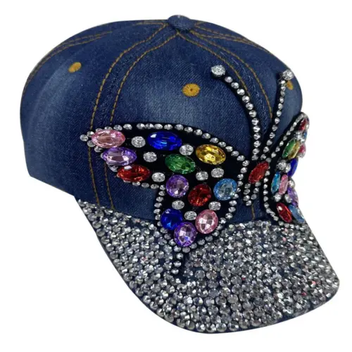 Gorra azul con diseño mariposa y pedreria de 17x27x12cm