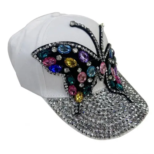 Gorra blanca con diseño mariposa y pedreria de 17x27x12cm