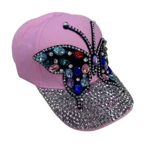 Gorra rosa con diseño mariposa y pedreria de 17x27x12cm